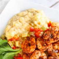 Blackened Shrimp & Cheesy Mash · Shrimp seasoned with our blend of blackening spices paired with creamy polenta with riced ca...