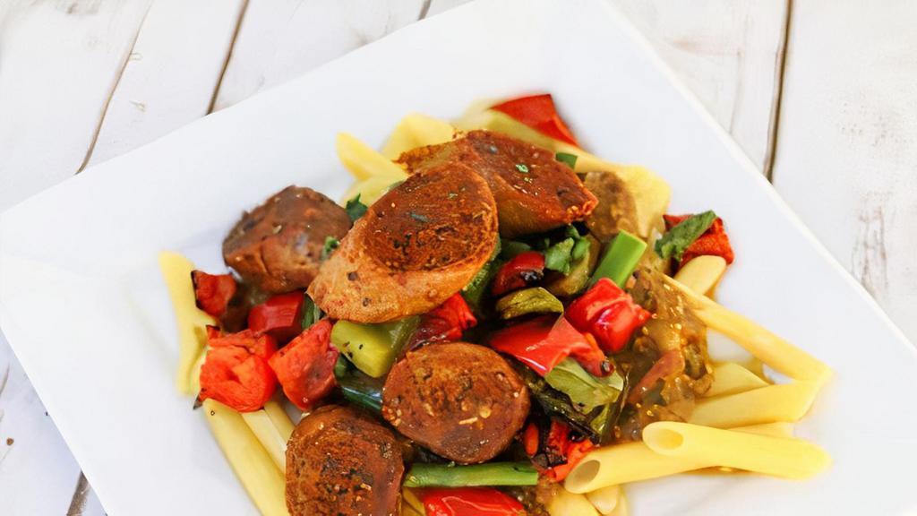 Sausage Penne Pasta · Vegan Option: Pea-protein based pasta paired with cajun spiced plant based sausage, baby spinach, bell peppers, and asparagus topped with a rich and zesty tomato plant cream.

*gluten & dairy free, vegan