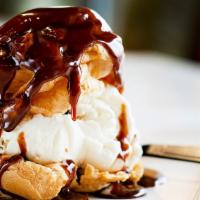 Hot Fudge Cream Puff  · This is a Sanders Classic! Vanilla ice cream in a cream puff shell covered with hot fudge de...