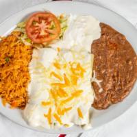 39 Chicken Enchiladas With Sour Cream · Three enchiladas served with rice, refried beans, salad & sour cream.