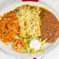 23 Beef Or Chicken Green Enchiladas · Served with rice, refried beans, salad & sour cream.