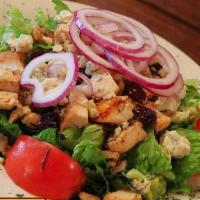 Michigan Salad · Grilled chicken breast, romaine lettuce, dried cherries, red onions, walnuts, bleu cheese an...