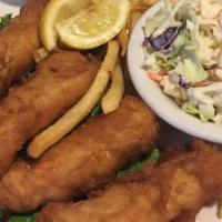Fish & Chips · Beer battered cod, French fries, and coleslaw.