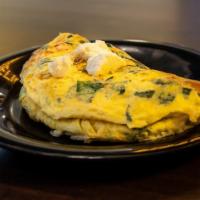 Greek Omelette · Gluten free. Spinach, tomato, onion, peppers and feta.