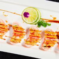 Hot Lover Roll · Shrimp tempura, spicy tuna, avocado inside, wrapped in soy bean paper w. heart-shaped.