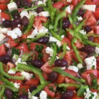 Greek Salad · Romaine, cucumber, tomatoes, onions, feta cheese, olives. Dressing.