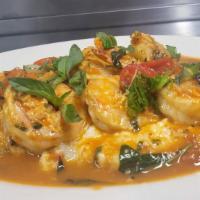 Shrimp & Grits · Creamy Parmesan Grits, Lobster Saffron Tomato Broth