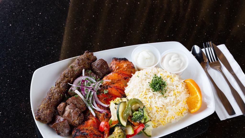 Combo Shish Kebab Lunch · Gluten-free, halal. Eager to try them all? Then treat yourself to our juicy lamb, chicken, and kofta shish kebab. Served with basmati rice and sautéed vegetables.