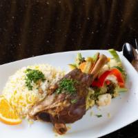 Lamb Shank Lunch · Gluten-free, halal. Tender lamb shank braised with middle-eastern spices. Served with basmat...