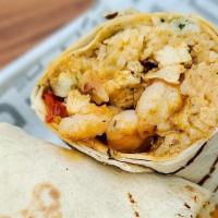 Bayou Burrito · Shrimp, chicken, and andouille sausage, red and green peppers, jack cheese, rice and cajun c...