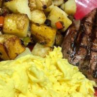Steak & Eggs · Choice of top sirloin with two eggs any style, potatoes and toast.
