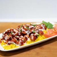Tandoori Chicken Over Rice · Rice dishes are served with your choice of meat, lettuce, grilled onions, ranch, sriracha an...
