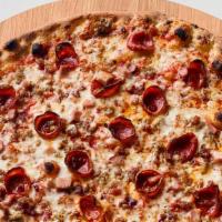 Meat Pizza · Mozzarella, dearborn ham, italian sausage, pepperoni, applewood smoked bacon (16-inch).