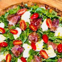 Tri Color Pizza · Extra virgin olive oil, prosciutto de parma, arugula, burrata, cherry tomatoes (16-inch).