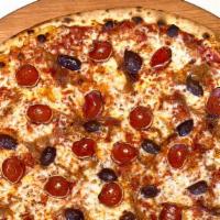 Olive Pizza · Mozzarella, pepperoni, kalamata olives, roasted garlic, caramelized onions (16-inch).