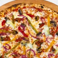 Veggie Pizza · Mozzarella, bell peppers, cultivated mushrooms, red onion, artichokes, roasted tomatoes (16-...