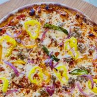 Italian Sausage Pizza · Mozzarella, italian sausage, bell peppers, banana peppers, red onion (16-inch).