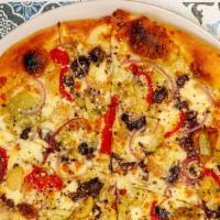 Athens · herbed olive oil, red onion, roasted garlic, artichokes, roasted red peppers, feta, kalamata...