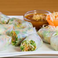 Jicama Roll (2) · This delicious hand filled spring roll features peanut, lettuce, mint, cucumber, white onion...