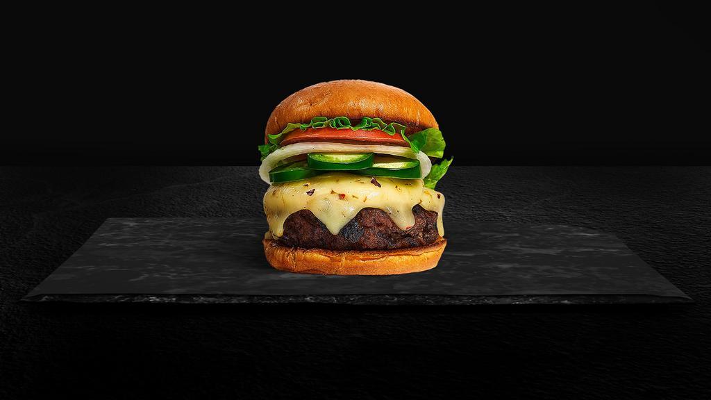 Southwestern Burger · American beef patty (1/3 lb.)  topped with lettuce, melted cheese, chili, tomato, onion and pickles.