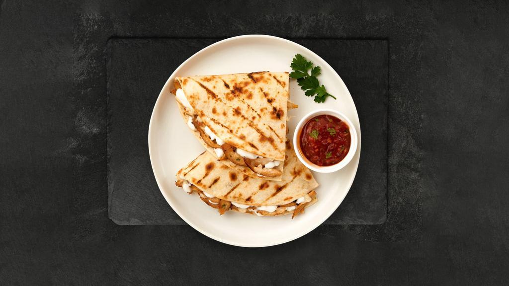 Cheese Quesadilla · Green peppers and onions wrapped with cheddar cheese in a grilled tortilla. Served with a side of sour cream and salsa.