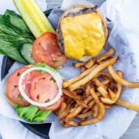 Build Your Own Burgers With Hand-Cut Fries · Served with your choice of lettuce, tomato, mayo, ketchup, mustard, raw onion, fried onion, ...