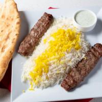 Kubideh Kabob (2) · Two skewers. In house high quality ground beef, marinated in spices and served with basmati ...