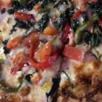 Pesto Chicken (White) · Pesto and garlic sauce, grilled chicken, mozzarella cheese, red peppers and spinach.