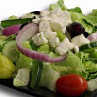 Greek Salad · Lettuce, romaine, tomatoes, black olives, red onion, feta cheese with our homemade Greek dre...