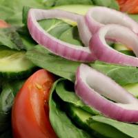 Spinach Salad · Spinach, red onion, cucumber, fresh tomato, & feta cheese.