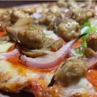 Supreme Pizza · Pepperoni, Italian sausage, mushrooms, green peppers, onion and three cheese blend.