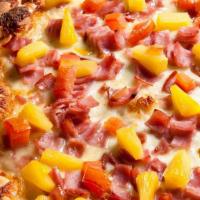 Hawaiian Pizza · Tomato sauce, ham, pineapple, three cheese blend.