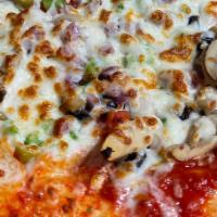 Veggie Pizza · Tomato, onion,  mushroom, green peppers, green olives, black olives, three cheese blend and ...
