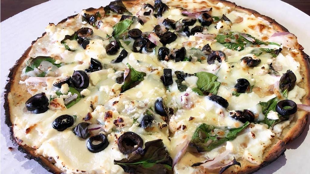 Spinach Feta Pizza · Ricotta cheese base, spinach, black olive, onion, feta cheese, three cheese blend.