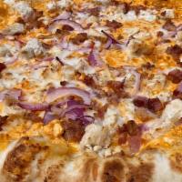 Kick'N Hot Buffalo Chicken Pizza · Buffalo chicken, hot sauce, bacon, onion & three cheese blend.
