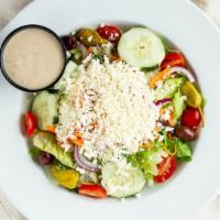 Greek Salad · Lettuce blend, pepperoncini, olives, cucumbers, red onions, marinated chopped tomatoes, and ...