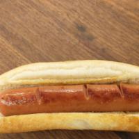 Hotdog · Grilled hot dog on a toasted bun.  Hot dog ingredients consist of chicken and pork.