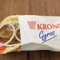 Gyros · Spiced Beef, Tzatziki  Sauce, tomato, onion rolled up in a pita shell.