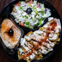Chicken Habibi Plate · Favorite. Grilled marinated chicken breast served on top of Mediterranean rice/ hummus and a...