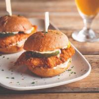 Beer-Brined Crispy Chicken Sliders · Beer-infused. White Wheat beer-brined chicken breast, crispy fried & served with dill pickle...