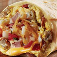 Hog Heaven Burrito · It is packed with 3 cage-free eggs, 2 slices of American cheese, hash browns, fresh salsa, h...