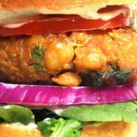 Chana Masala Burger · Mashed potatoes, chaat masala, lime zest, minced onion and chickpea