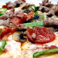 Mj * S Deluxe · Sausage pepperoni bell peppers white onion and mushrooms. Light sauce, well done.