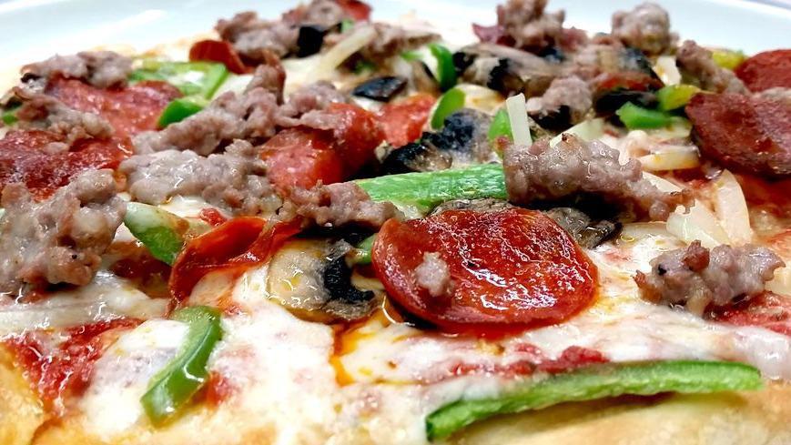 Mj * S Deluxe · Sausage pepperoni bell peppers white onion and mushrooms. Light sauce, well done.