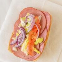 Italian Cold Cut · Ham, Salami, Raw Onions, Lettuce, Tomatoes, Mayo, Hot Peppers, Oil, and Vinegar & Provolone ...