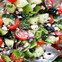 Greek Salad · Lettuce, Tomatoes, Green Peppers, Onions, Cucumbers, Black Olives, Pepperoncini, Feta Cheese...