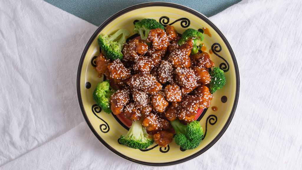 Sesame Chicken · Served with white rice.