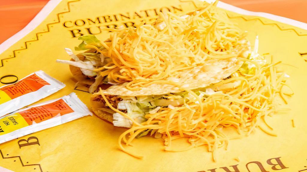 Taco · A crisp deep fried corn tortilla filled with 100% ground beef, fresh shredded lettuce and topped with real cheddar chees.