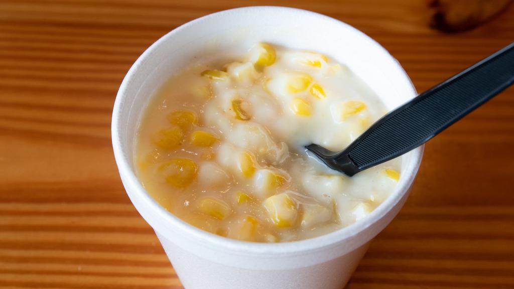 Cream Corn · Fresh, whole-kernel corn with heavy cream, Parmesan cheese, sugar and other special seasonings – made in-house from scratch.