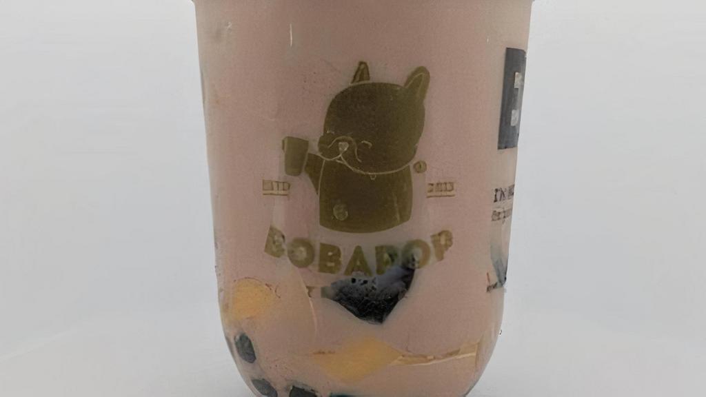 3Q Milk Tea (Boba, Egg Pudding, Herbal) · Our famous BoBaPOP Milk Tea with 3 toppings: black pearls (boba), egg pudding, and herbal pudding (grass jelly).  Lactose-free by default. Oat milk option available under request & substitution